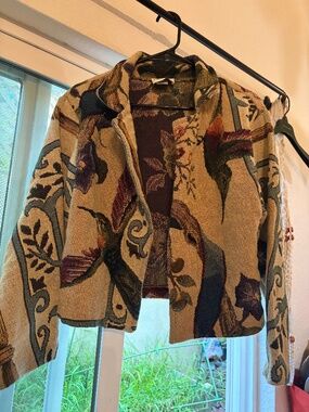 Hummingbird floral tapestry cotton jacket with brass buttons